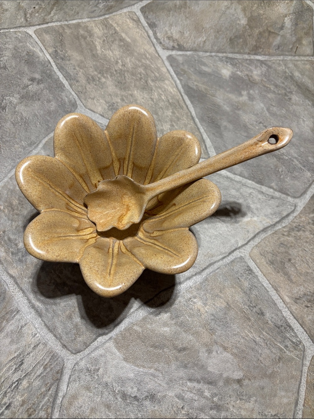 Vintage Evangeline Pottery natural Earth tone Flower Petal Serving Bowl & ladle